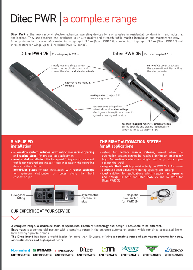 Ditec 1 PWR 35H Single Swing Gate Motor Kit